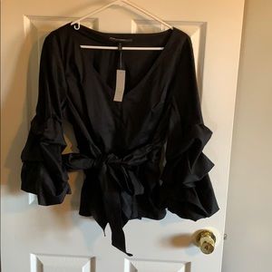 WHBM 3/4 Drama Sleeve Black Poplin Top